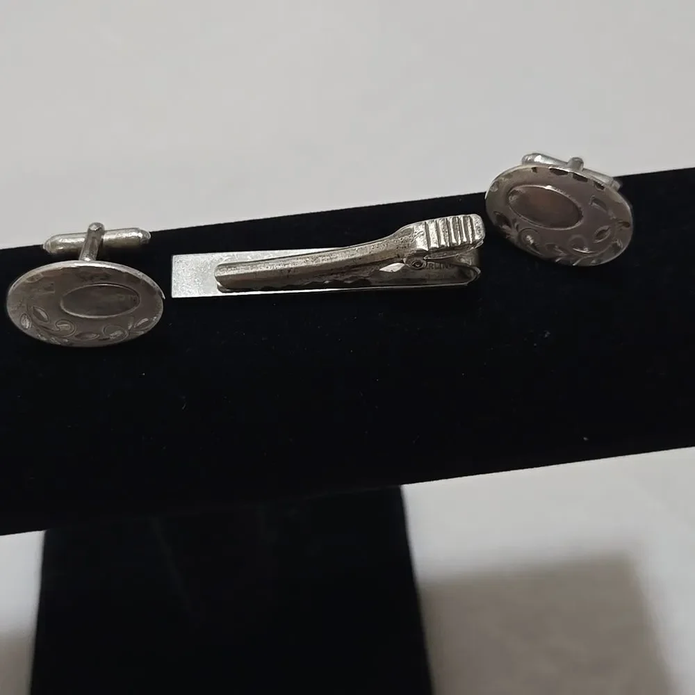 Vintage Sterling Silver Cufflinks and Tie Clip Set, 25.31g